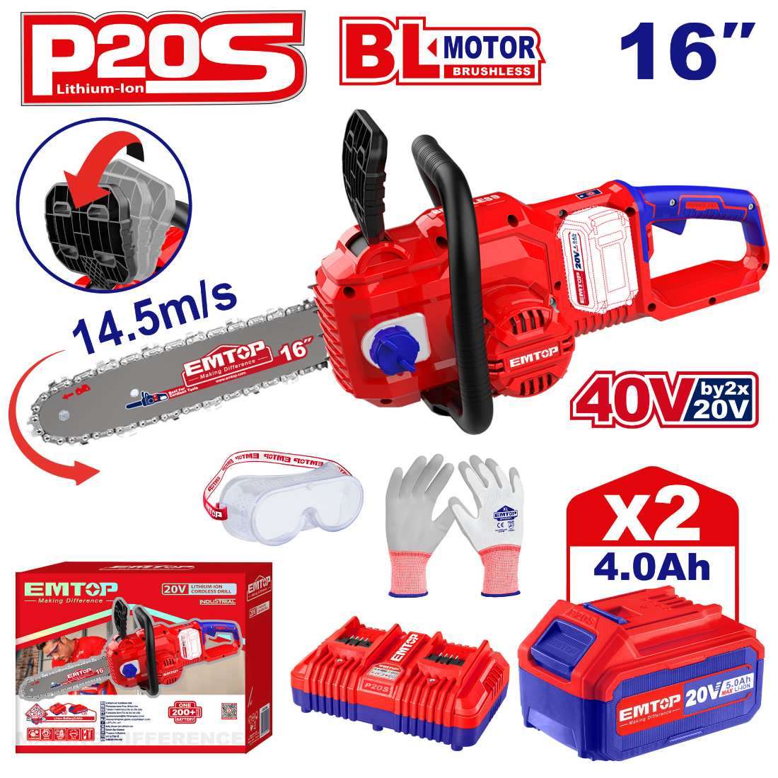 Tronçonneuse à batterie Scie à chaine sans fil EMTOP ELGA401682